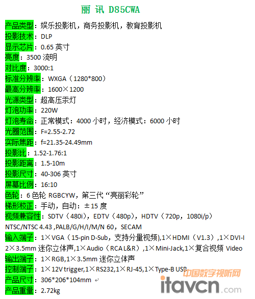 麗訊 D85CWA 參數