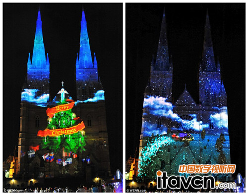 悉尼圣瑪麗教堂外墻上的巨幅彩燈投影