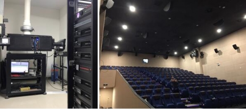 左圖:2號旗艦影廳的機(jī)房內(nèi)的科視Christie CP2230電影機(jī)和Vive Audio D級功放